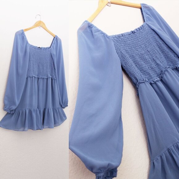 1.STATE Women's L Long Sleeves Smocked Ruffle Skirt Mini Dress Chiffon Blue $99 - Picture 6 of 15